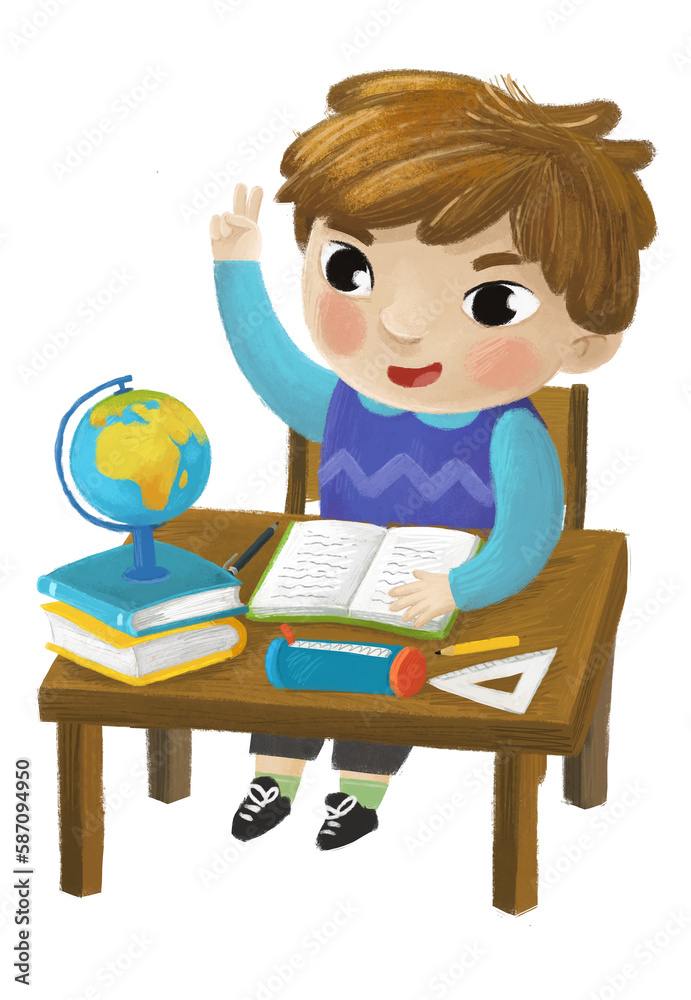 cartoon child kid boy pupil going to school learning reading by the desk with globe childhood illustration for kids cartoon child kid boy pupil going to school learning reading by the desk with globe childhood illustration for kids