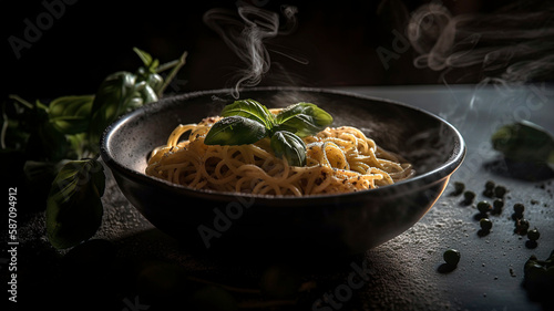 warm spaghetti in a bowl garnished with basil. Culinary Delight: Spaghetti with Fresh Basil in a Smoky Setting