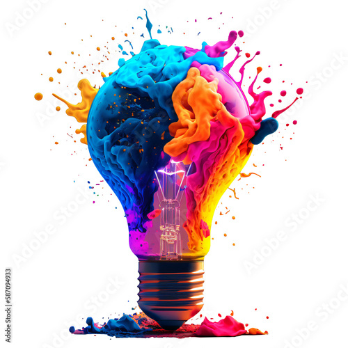 a colorful glowing idea bulb lamp, isolated design element on transparent background, visualization of brainstorming, bright idea and creative thinking, generative ai photo