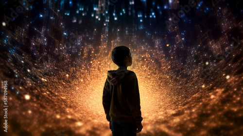 Child stargazing in a digital holographic field. Created with Generative AI.