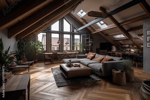 Modern Luxury attic Loft apartment. Generative AI   © Diatomic
