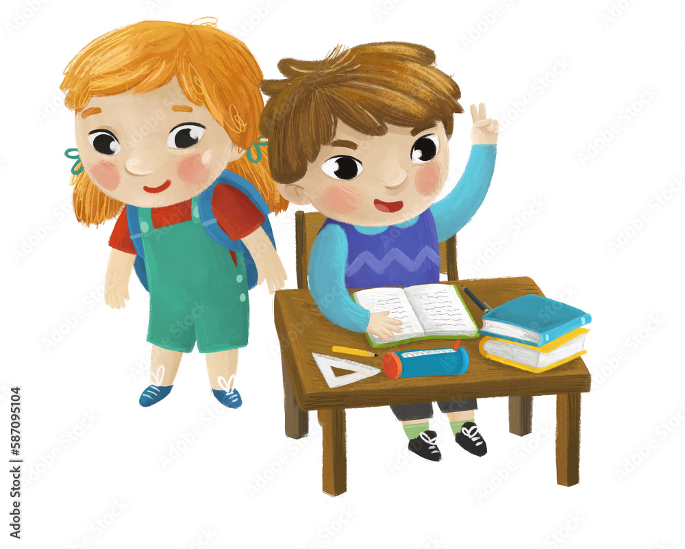 cartoon child kid girl and boy pupil sitting in school desk learning reading childhood illustration for kids cartoon child kid girl and boy pupil sitting in school desk learning reading childhood illustration for kids