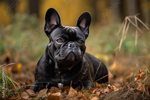 The French Bulldog dog breed is sitting on green grass. Generative AI © AkuAku