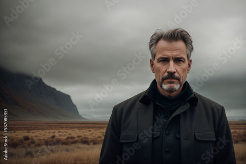 Dramatic portrait of a man, late autumn season, wild landscape as background, dark sky with storm clouds. Generative AI.