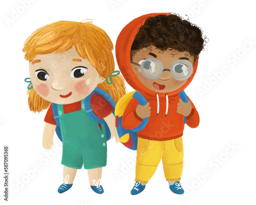 cartoon child kid boy and girl pupils going to school learning childhood illustration for kids