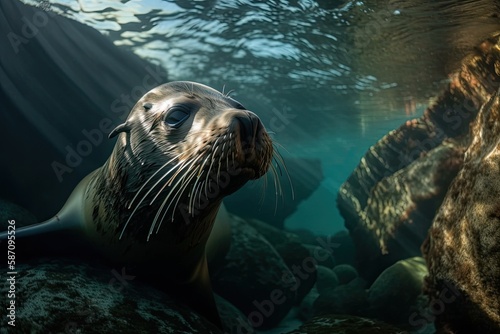 A stunning image of a California sea lion seal basking in the sun in Baja California. Generative AI © AkuAku
