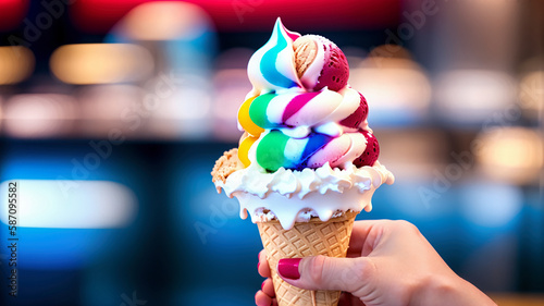 woman hand holding ice cream with rainbow colors, generative AI