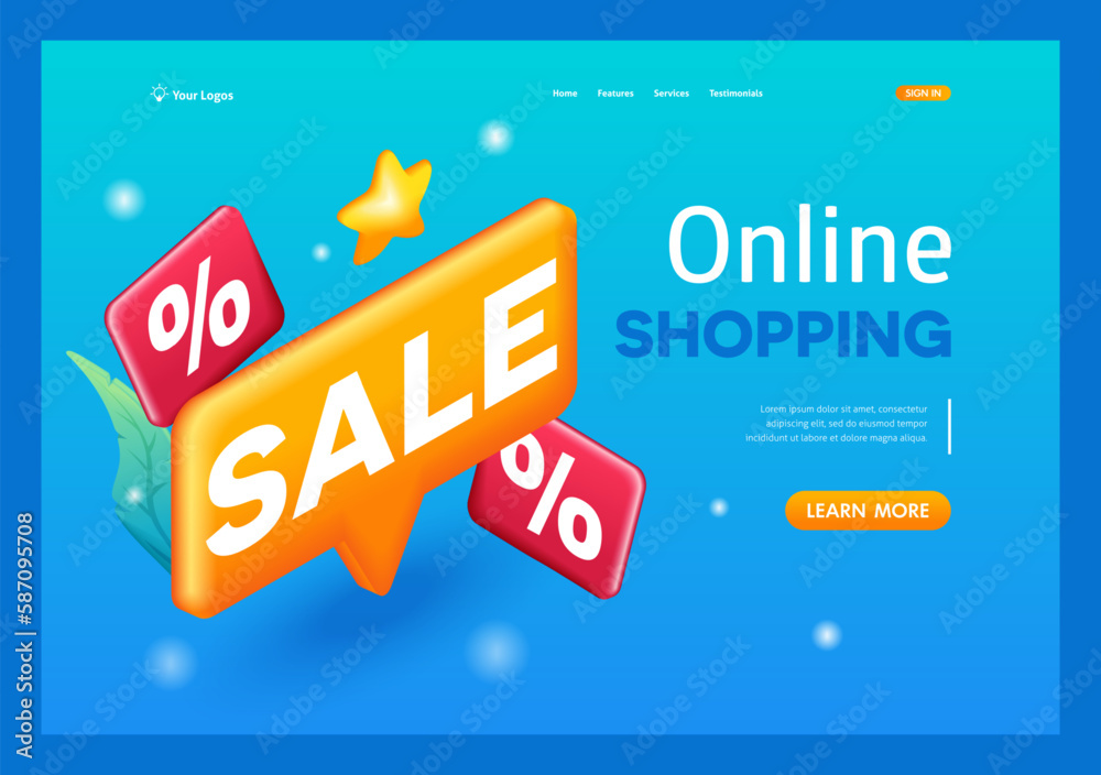 3D Isometric, cartoon. Online shopping concept. Vivid illustration to encourage buying, Discounts and sales. Trending Landing Page