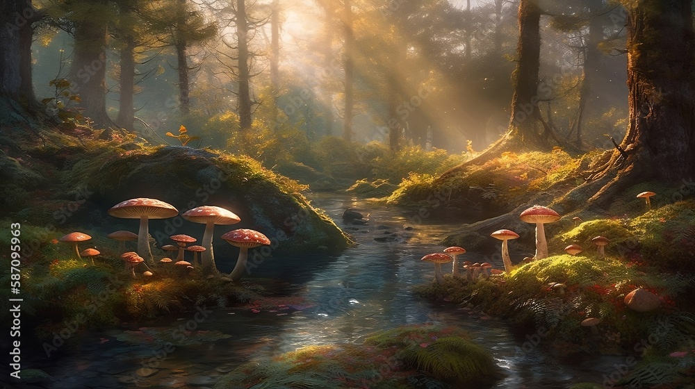 A picture of a forest with mushrooms and a river. a painting of mushrooms in a forest with moss and leaves on the ground and a tree trunk in the background with a light shining. Generative AI.