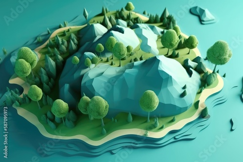 serene island with lush greenery and towering mountains. Generative AI