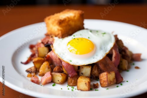 tasty breakfast hash with crispy potatoes, bacon, and onions - a savory and filling breakfast dish, start your day right, delicious breakfast options to satisfy every craving. generative ai