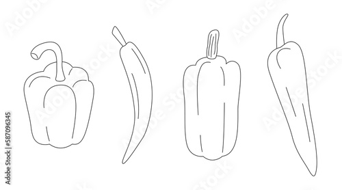 Different peppers line art set. Bell, chili, banana pepper collection in cartoon style. Outline icon set isolated on white background. Hand drawn doodle vector illustration.
