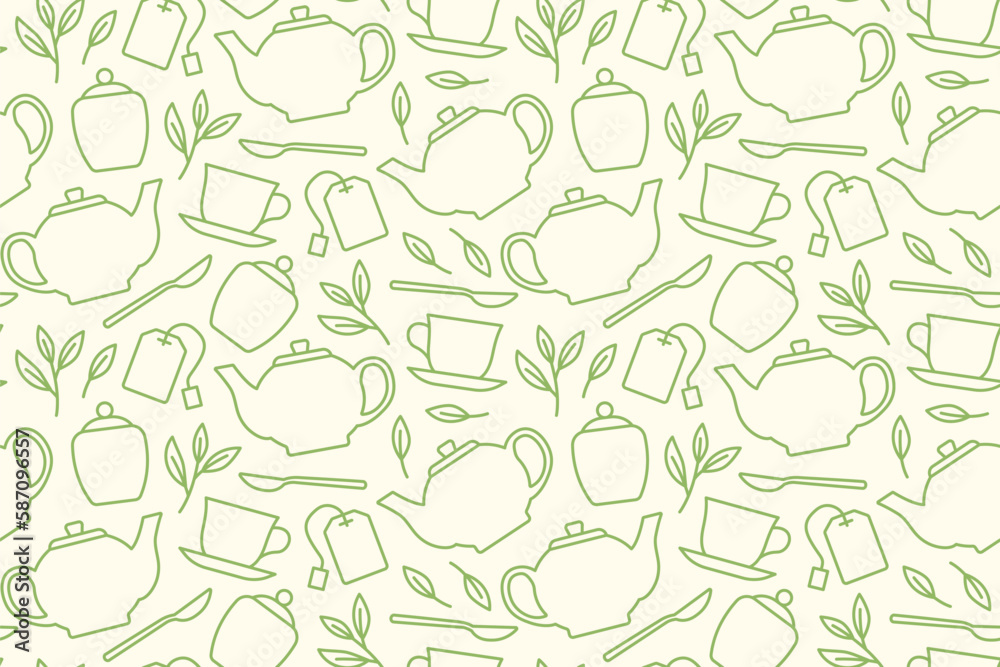 tea seamless pattern with teapot, cup, leaves, sugar bowl, spoon, bag icons  - vector illustration
