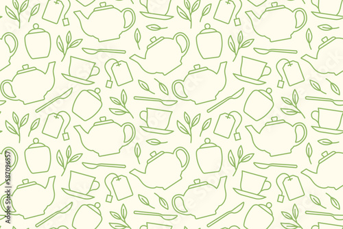 tea seamless pattern with teapot, cup, leaves, sugar bowl, spoon, bag icons  - vector illustration