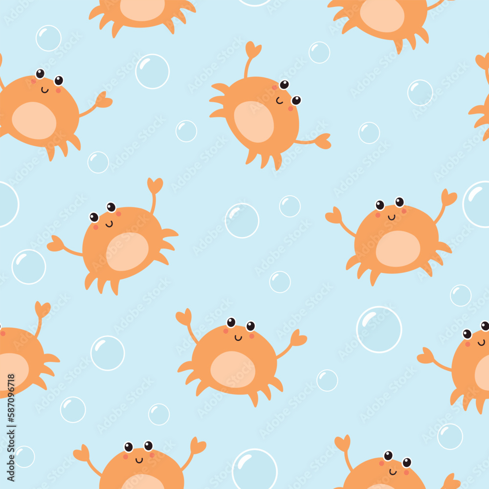 Seamless pattern with cute crab. Summer marine background. Vector illustration. It can be used for wallpapers, wrapping, cards, patterns for clothes and other.