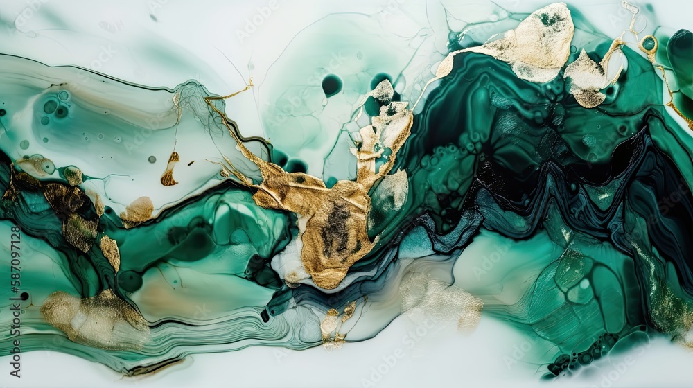 This artwork features a white background with vibrant green alcohol ink swirls flowing across the surface in a mesmerizing pattern. The colors blend and overlap, creating a unique and abstract texture