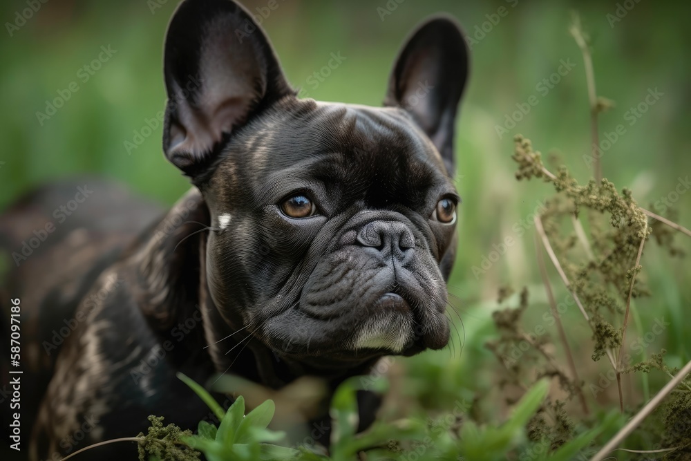 A black and white French bulldog chewing grass in a field with a green background. Generative AI