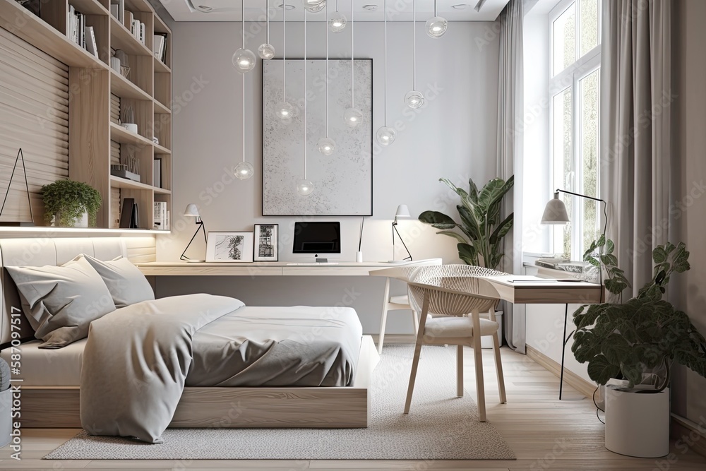 Fototapeta premium Modern room with desk and bed. Generative AI
