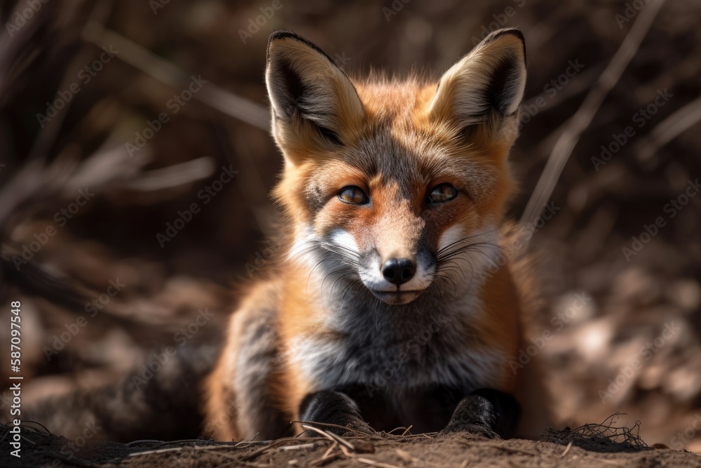 Fototapeta premium Red fox cub in the wild on a warm spring day. Generative AI