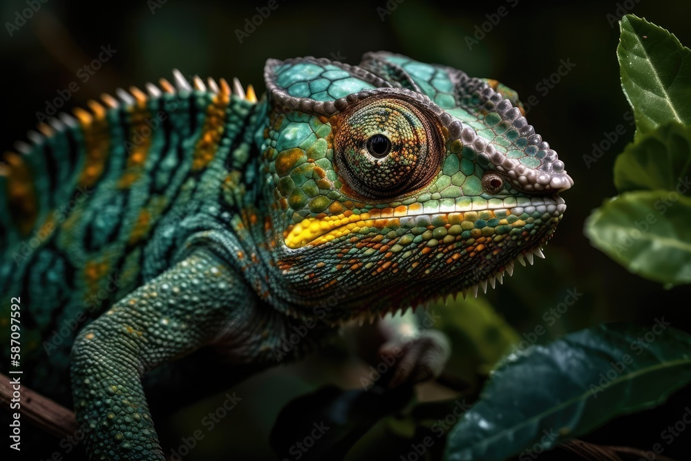 Stunning nature landscape, macro images, and a green chameleon. Generative AI Stunning nature landscape, macro images, and a green chameleon. Generative AI