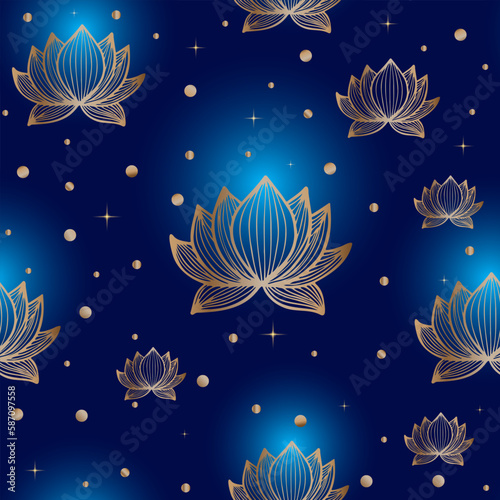 Pattern with luxurious elegant lotus flower with sparkling golden pollen on blue background. Like magical fairy tale with mysterious fantasy about space and life