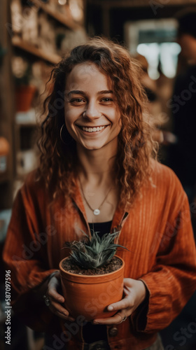 Happy Female Person With Plant Pot-Customer Purchase-Generative AI