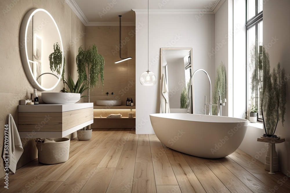 Elegant bathroom with white and beige walls, white basin with oval ...