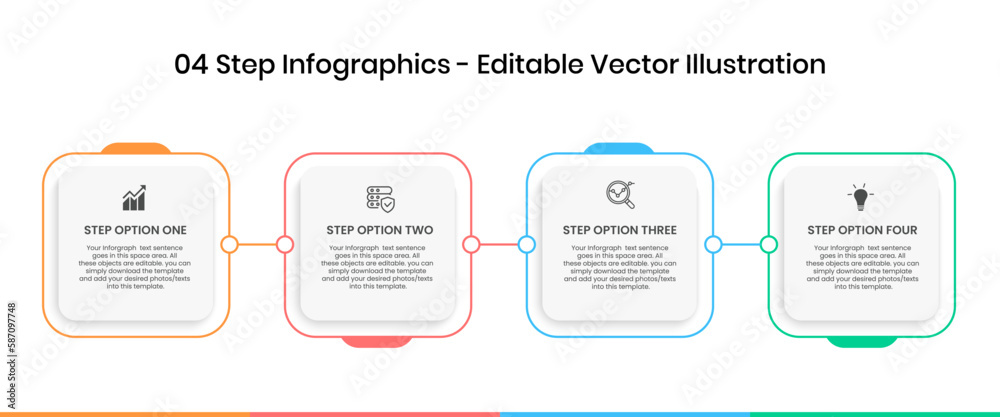 4 Steps Infographics Design Template - Graph, Pie chart, workflow layout, squire diagram, brochure, report, presentation, web design. Editable Vector illustration