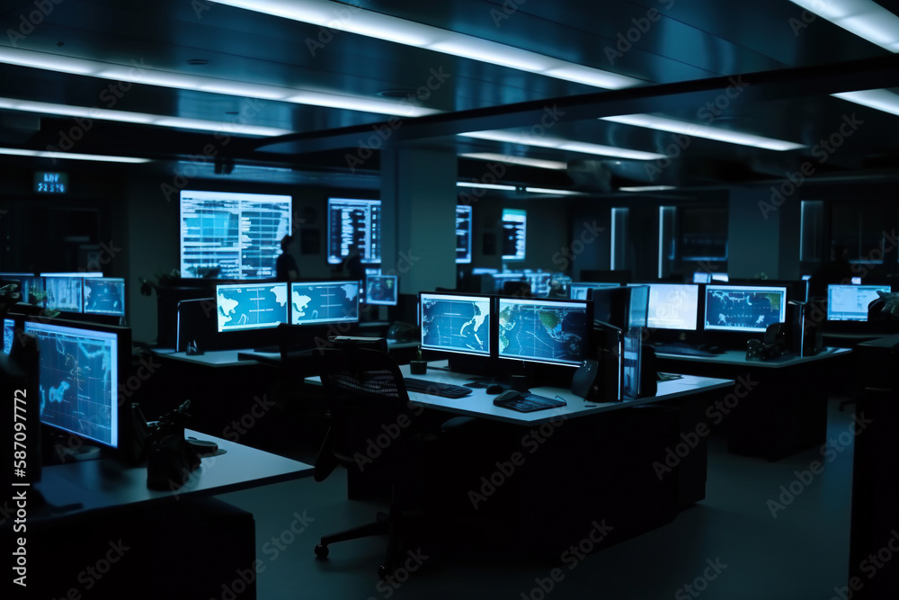 Security room with computers and monitors, Generative AI Security room with computers and monitors, Generative AI