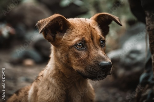 In the Galapagos Islands, a stray puppy. Generative AI
