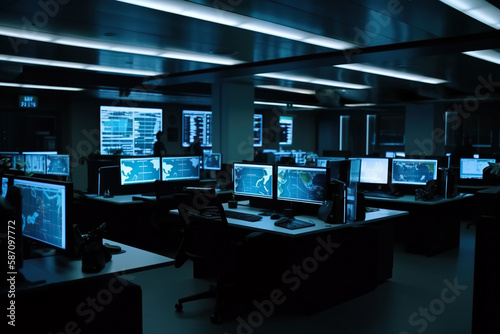 Security room with computers and monitors, Generative AI