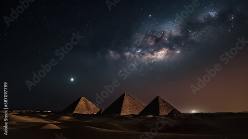 Night view of the Pyramids of Giza and the Milky Way  Generative AI