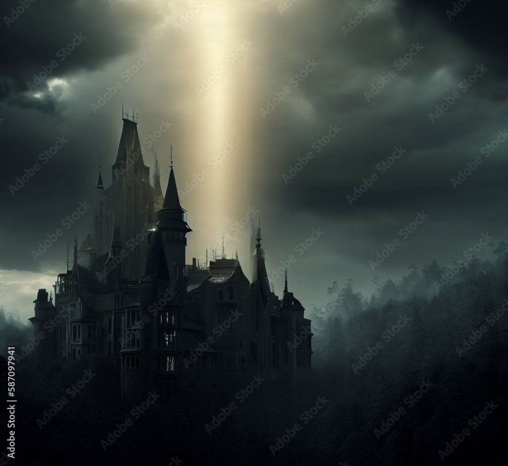 Castle in Gothic style with a large ray of sun coming down from the clouds and illuminating it, generative  AI