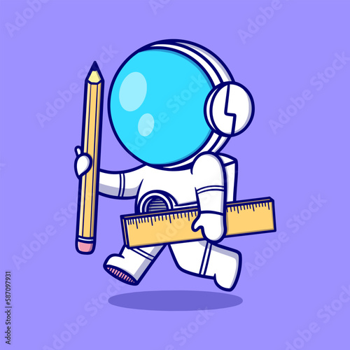 Cute astronaut with pencil and ruler cartoon icon illustration