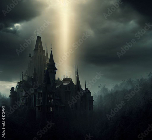 Castle in Gothic style with a large ray of sun coming down from the clouds and illuminating it, generative AI