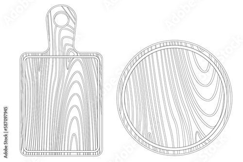 Wooden round and rectangular chopping boards. Coloring page. Black line.