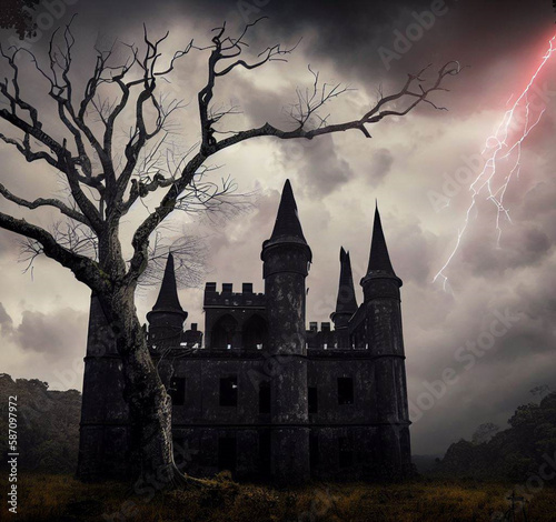 Gothic castle with a tree be featured, and a thunderbolt coming down from the clouds, generative AI