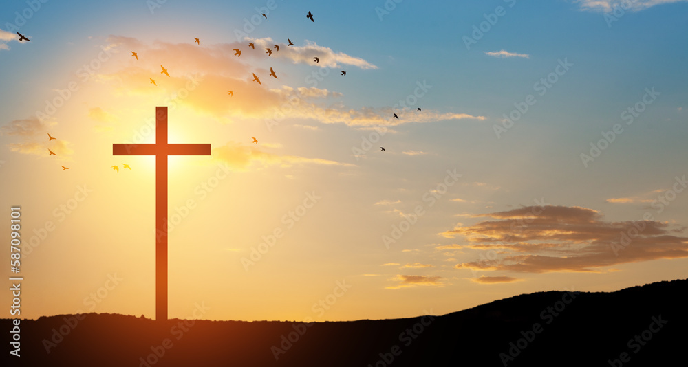 Naklejka premium Christian cross on hill outdoors at sunrise. Resurrection of Jesus.