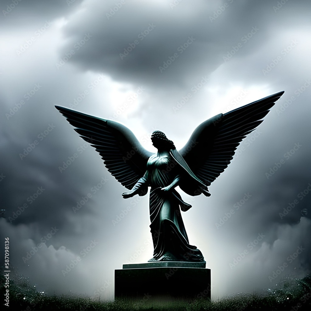 angel statue with open wings with grey clouds, generative AI