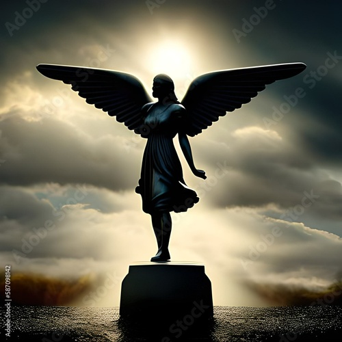 angel statue with open wings with Golden cloudss, generative AI photo