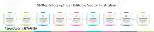 9 Steps Infographics Design Template - Graph, Pie chart, workflow layout, squire diagram, brochure, report, presentation, web design. Editable Vector illustration
