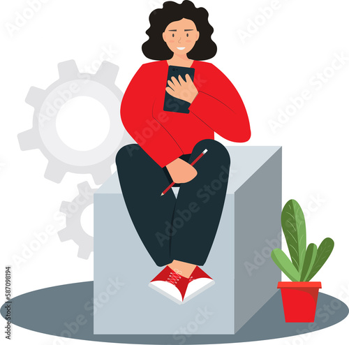 Person sitting with mobilphone, planning business, management concept, check list for studying, flat vector illustration	 photo