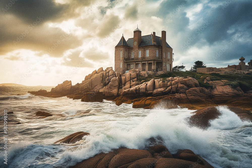 A castle on an island of the pink granite coast in France, beautiful landscape  -generative ai