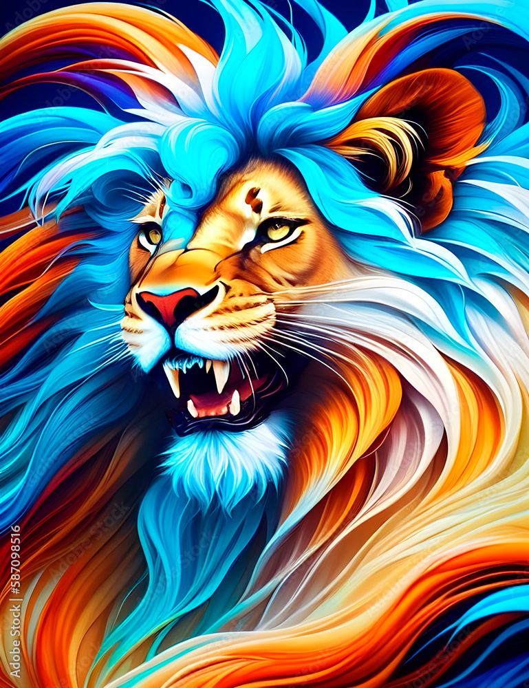 portrait of a lion with a chic mane in the technique of oil painting splash art, generative ai