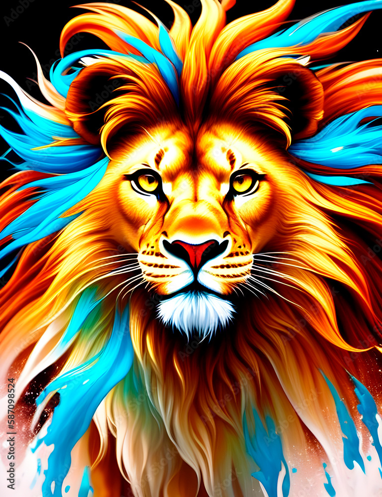 portrait of a lion with a chic mane in the technique of oil painting splash art, generative ai