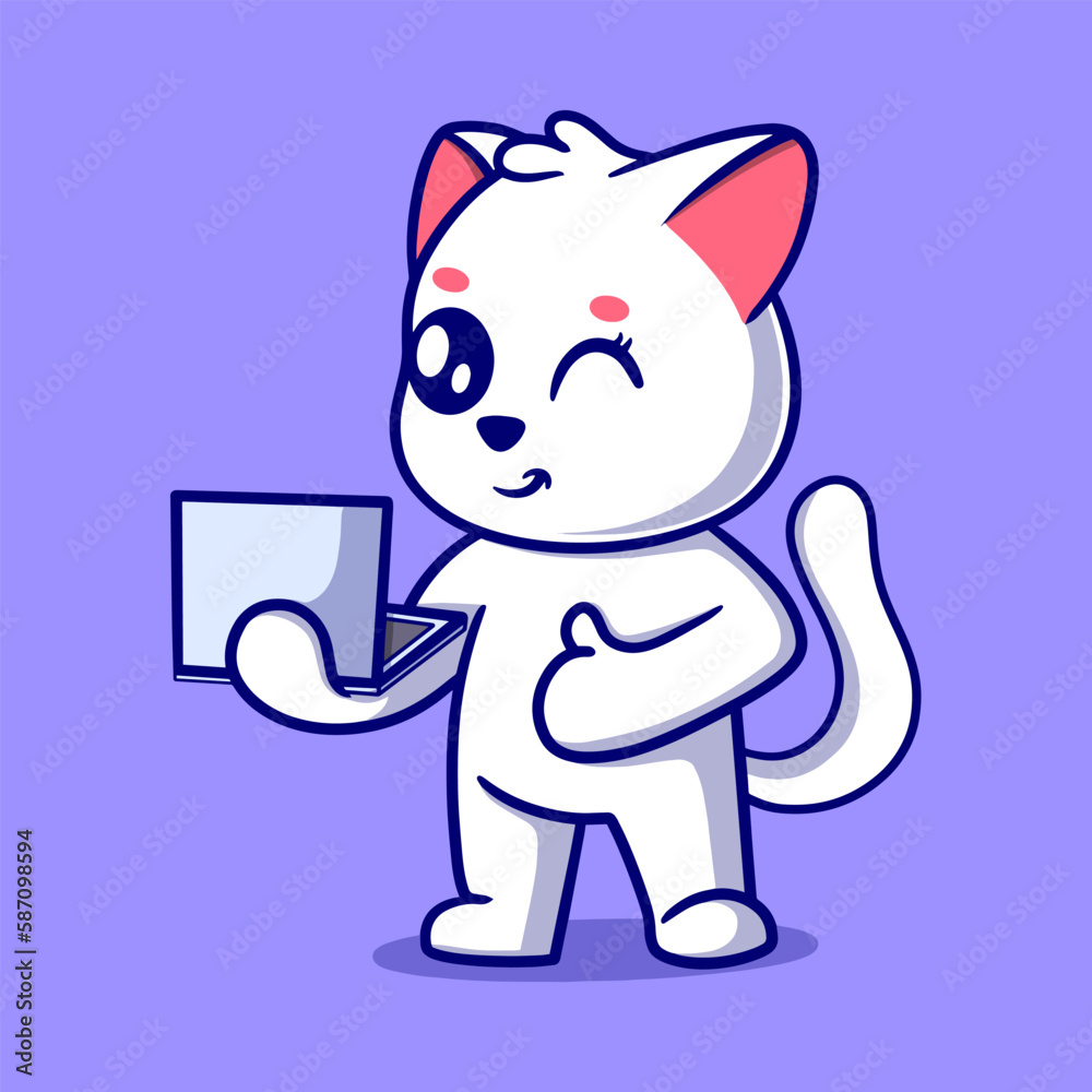 Cute cat with laptop cartoon icon illustration Cute cat with laptop cartoon icon illustration