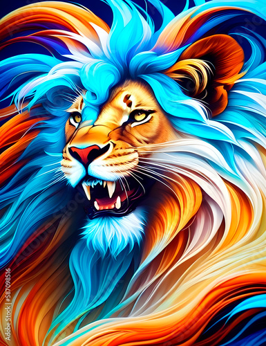 portrait of a lion with a chic mane in the technique of oil painting splash art  generative ai