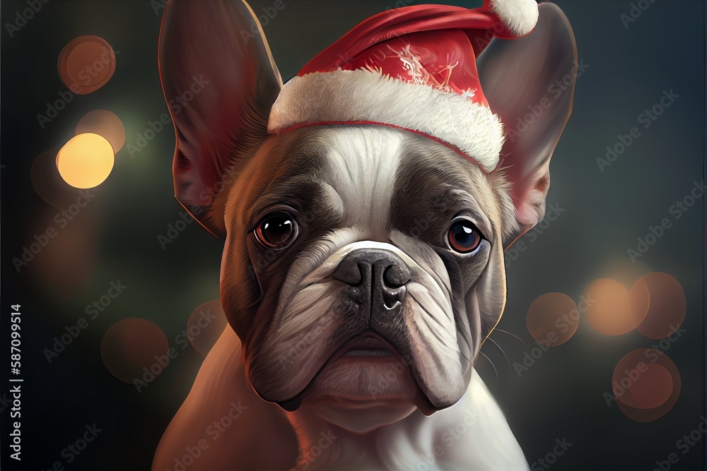 Funny dog, French bulldog, in red Santa Claus cap, close-up.Ai generative