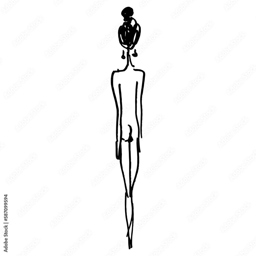 Standing naked slender woman from back. Hand drawn linear doodle rough sketch. Black silhouette on white background.