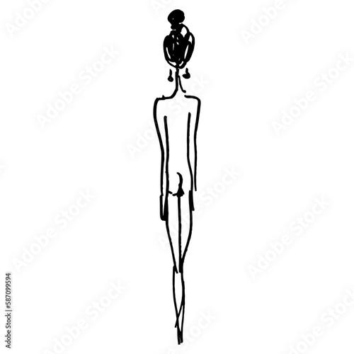 Standing naked slender woman from back. Hand drawn linear doodle rough sketch. Black silhouette on white background.